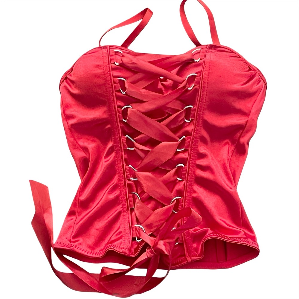 Spirit Red Satin Lace Up Structured Corset Top Sz S Costume Milkmaid Pirate Sexy